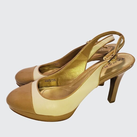 Tahari "London" Two Tone Tan Cream Patent Leather Slingback Women's Size 8.5M - Picture 1 of 15